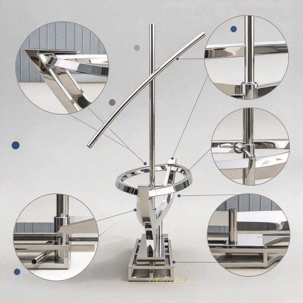 mirrored stainless steel sailboat fountain details