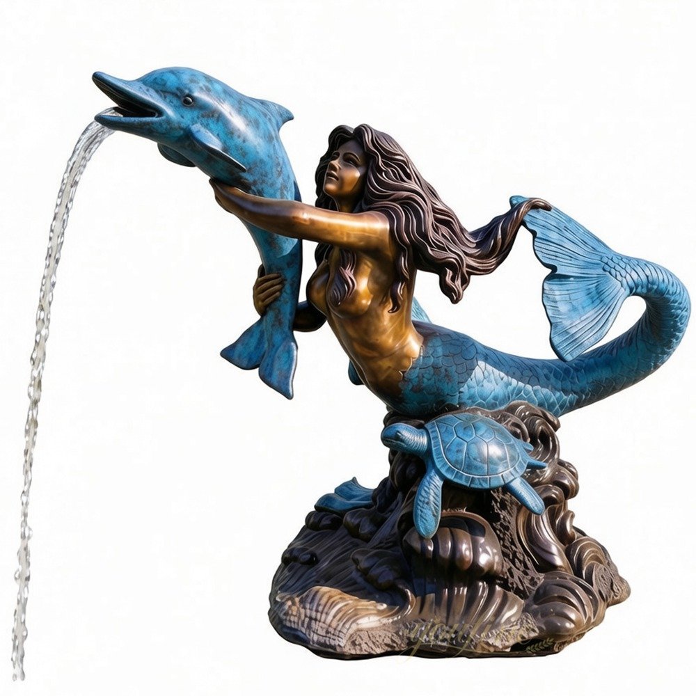 Blue patina mermaid and dolphin fountain