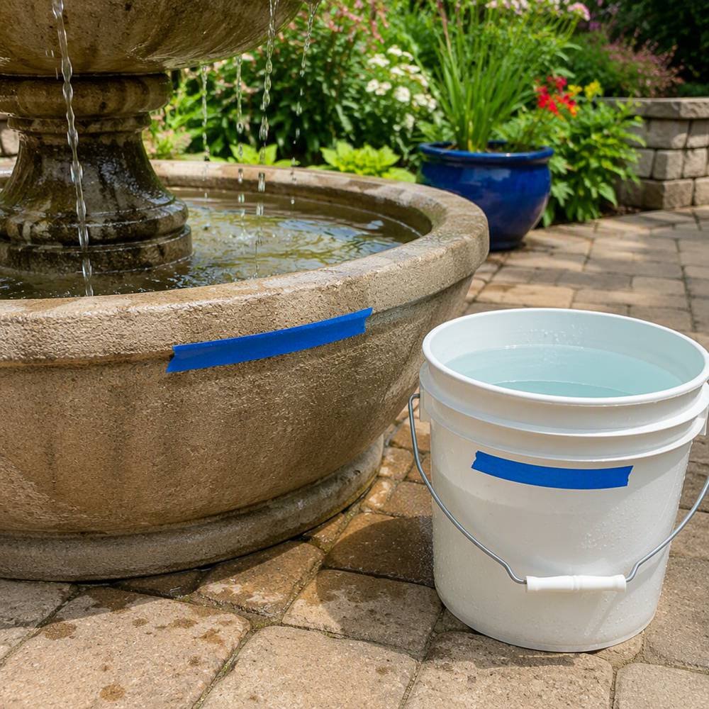 checking for leaks in the fountain using water from a bucket