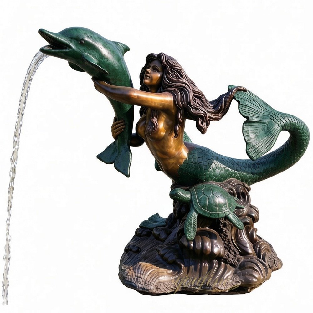 Dark green patina mermaid and dolphin fountain