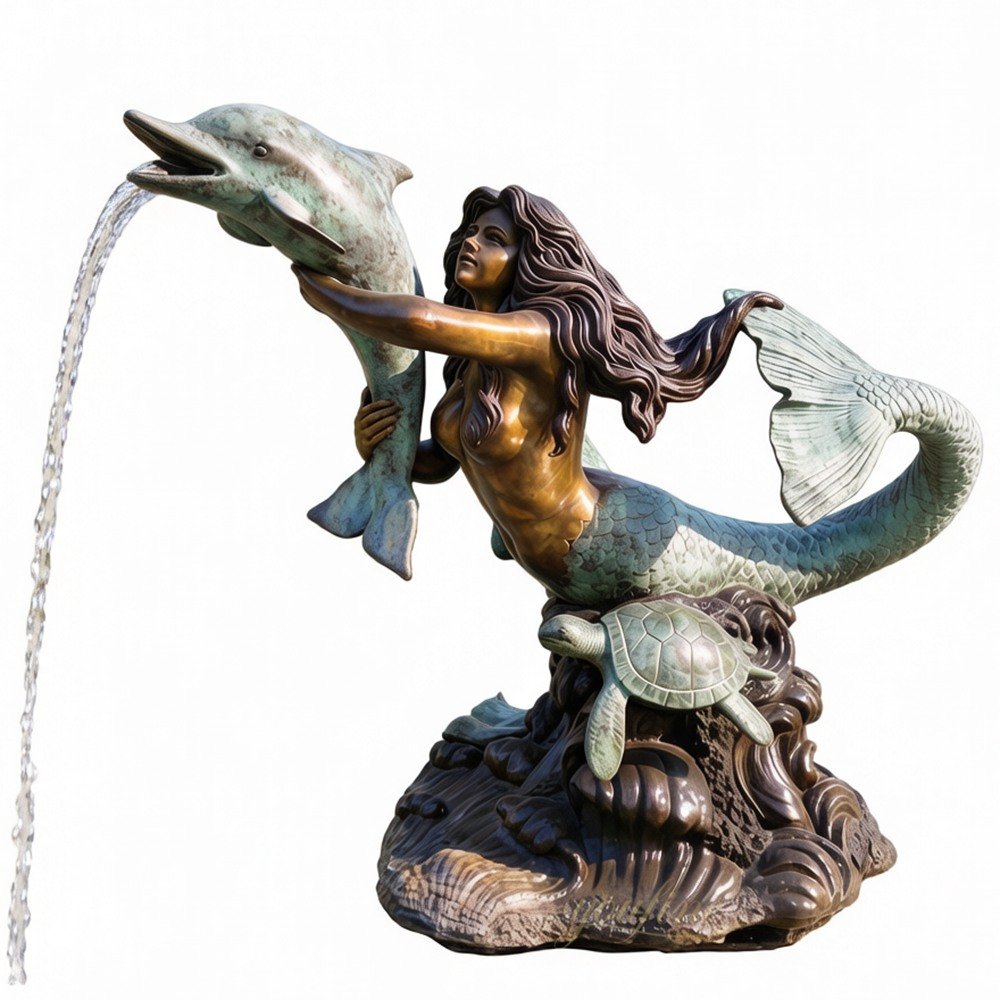 Light green patina mermaid and dolphin fountain