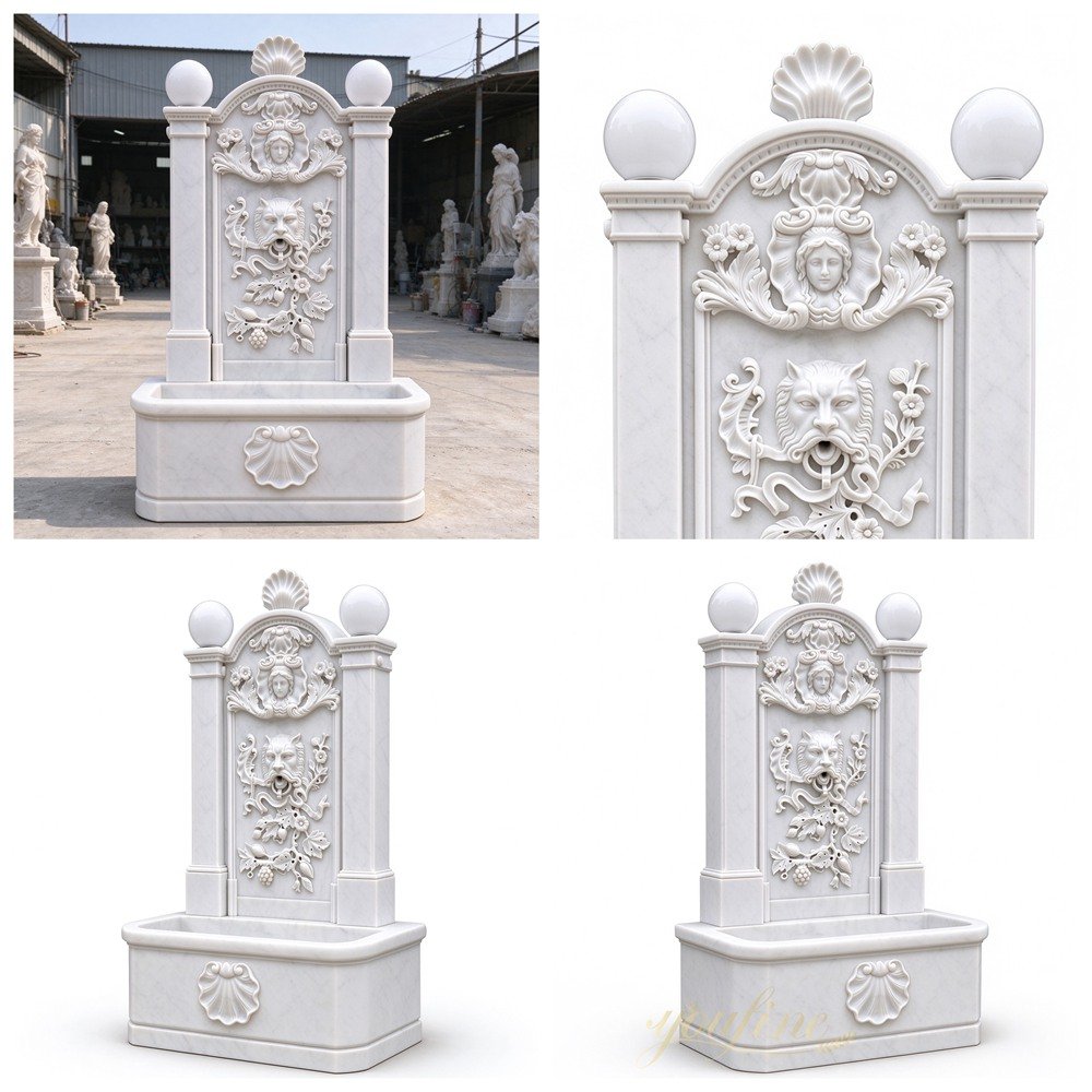 natural wall fountain with faun mask, maiden relief and lights details