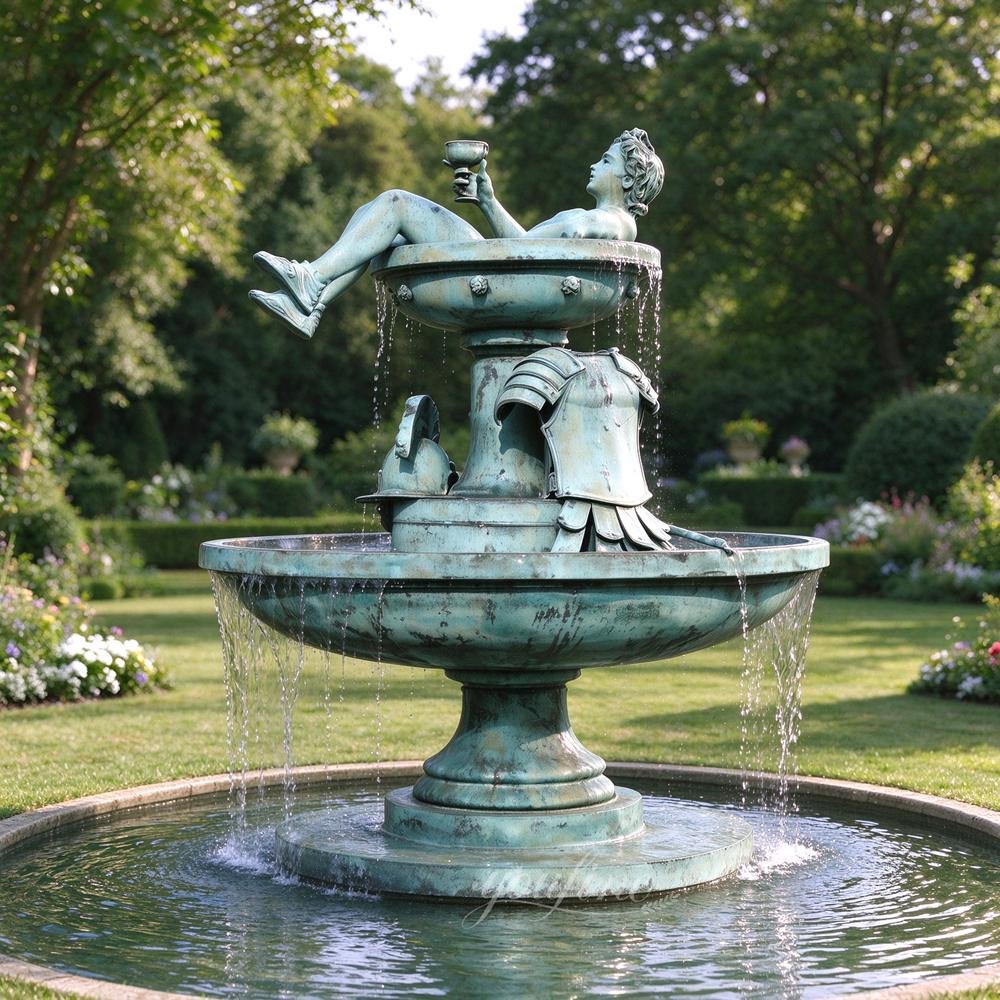 resting gladiator bronze patina two tier water fountain for garden
