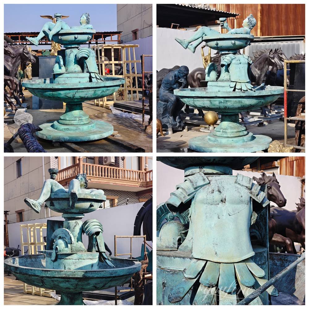 resting gladiator bronze patina two tier water statue fountain details