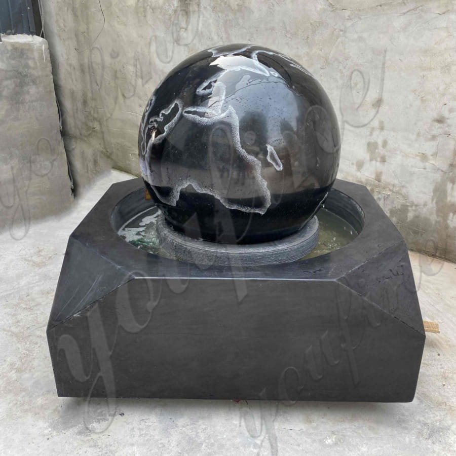 Black Marble Sphere Fountain with world map