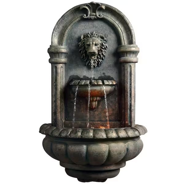 bronze indoor lion head wall fountain