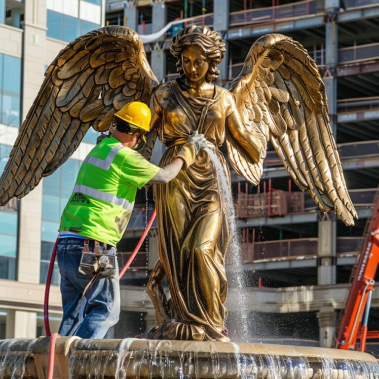 workers are cleaning the bronze angel fountain