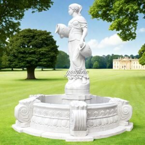 beautiful white marble woman pouring water fountain for outdoor decor