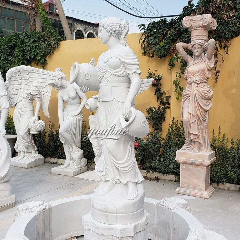 hand carved white marble woman pouring water fountain detail