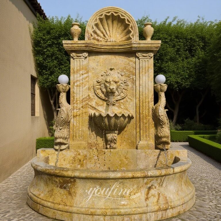 free standing henan yellow marble lion head wall fountain for yard decor