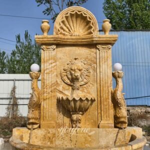 hand carved free standing henan yellow marble lion head wall fountain detail