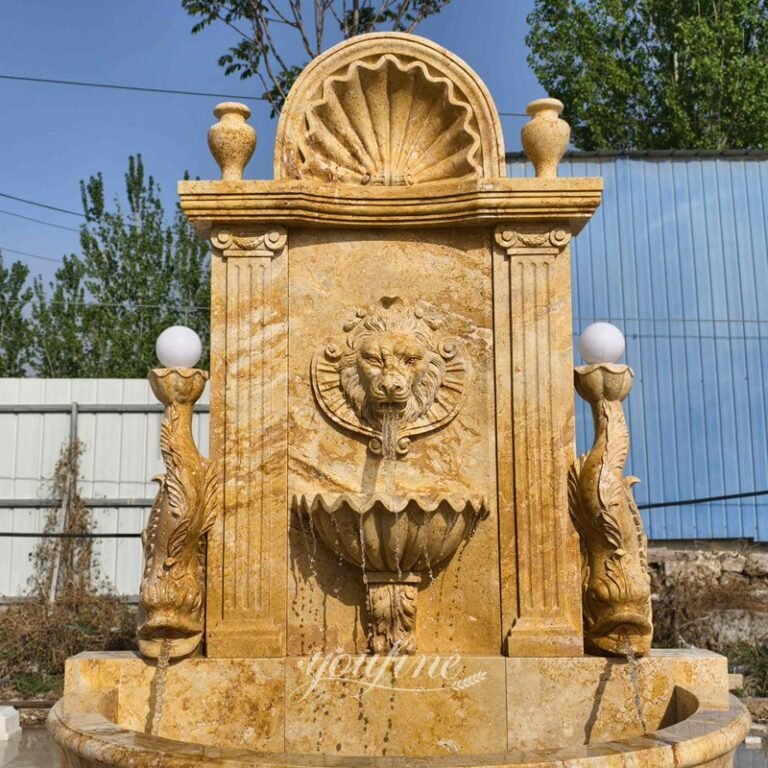 hand carved free standing henan yellow marble lion head wall fountain detail