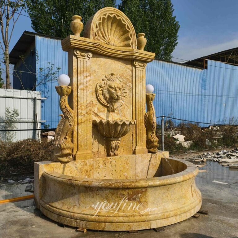 free standing natural henan yellow marble lion head wall fountain side view