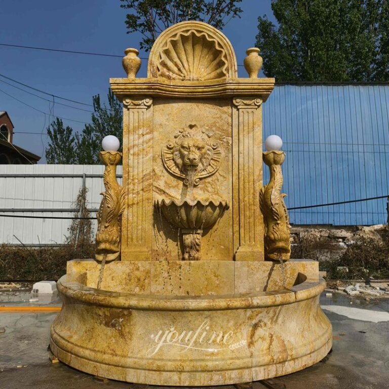 large free standing henan yellow marble lion head wall fountain