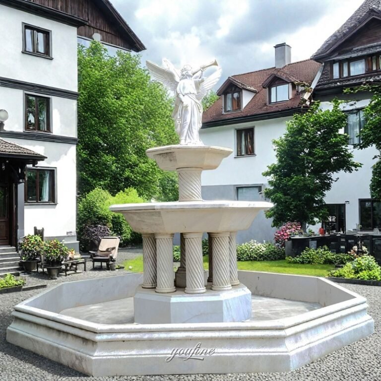 large white marble angel fountain with trumpet for yard decor