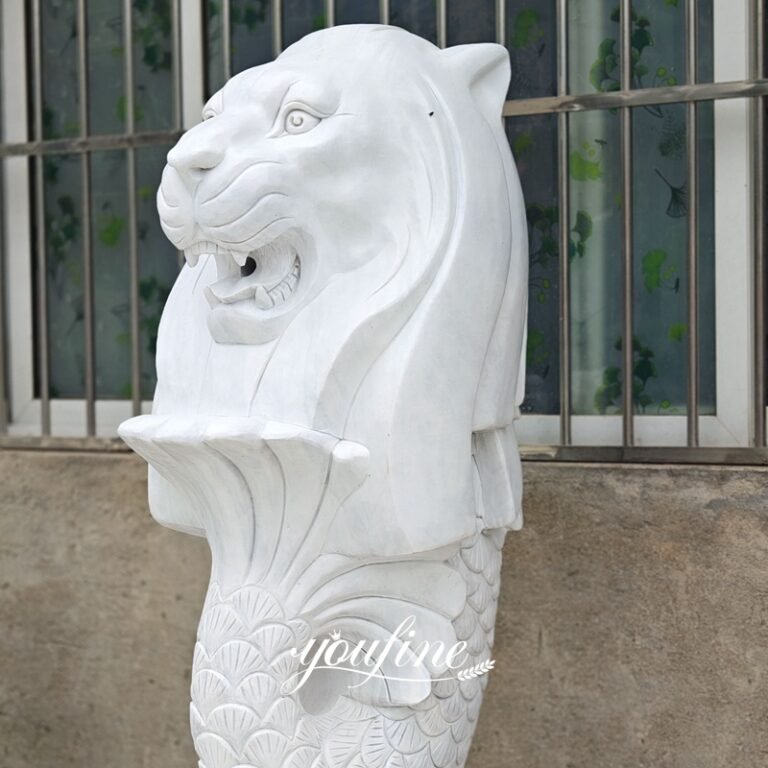 Hand Carved Singapore Marble Merlion Water Fountain Replica Side Detail