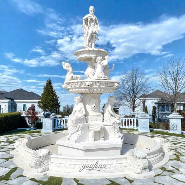 hand carved three layer white marble poseidon water fountain