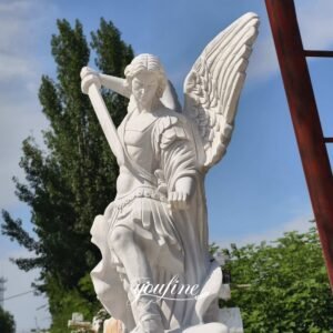 white catholic hand carved st michael angel statue fountain detail