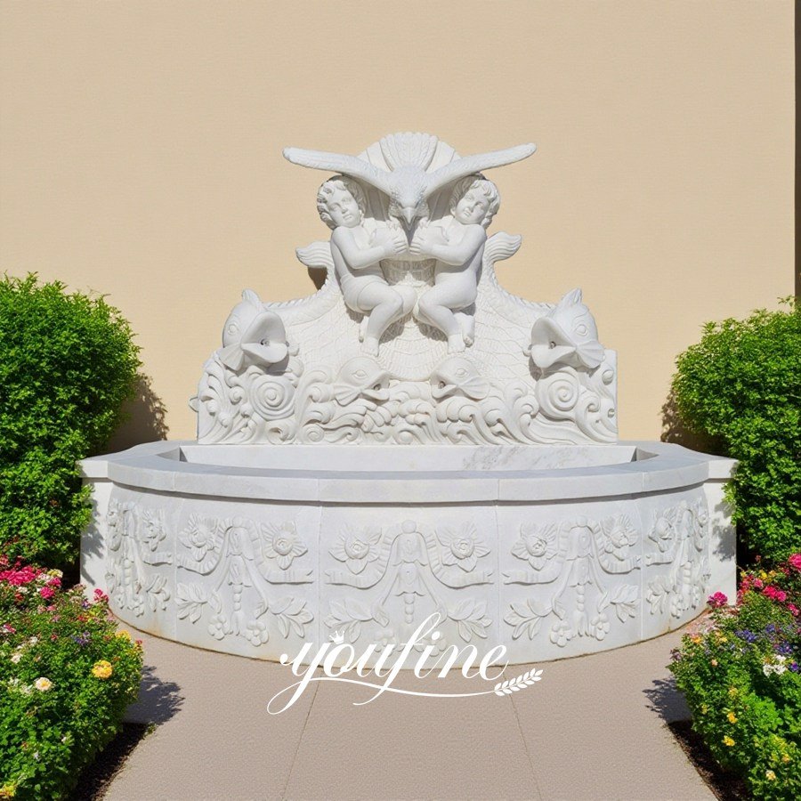 beautiful white carved marble eagle with cherub water fountain for yard decor