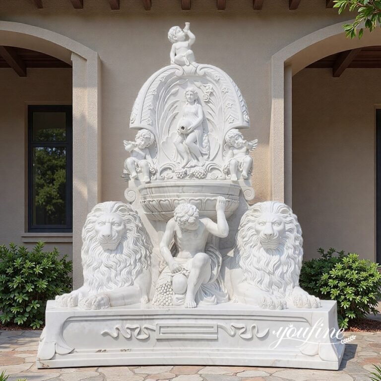 stunning marble greek wall fountain with lions and cherubs statues for yard decor