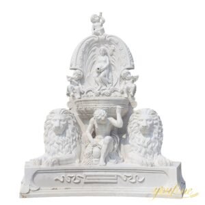 white marble greek wall fountain with lions and cherubs statues