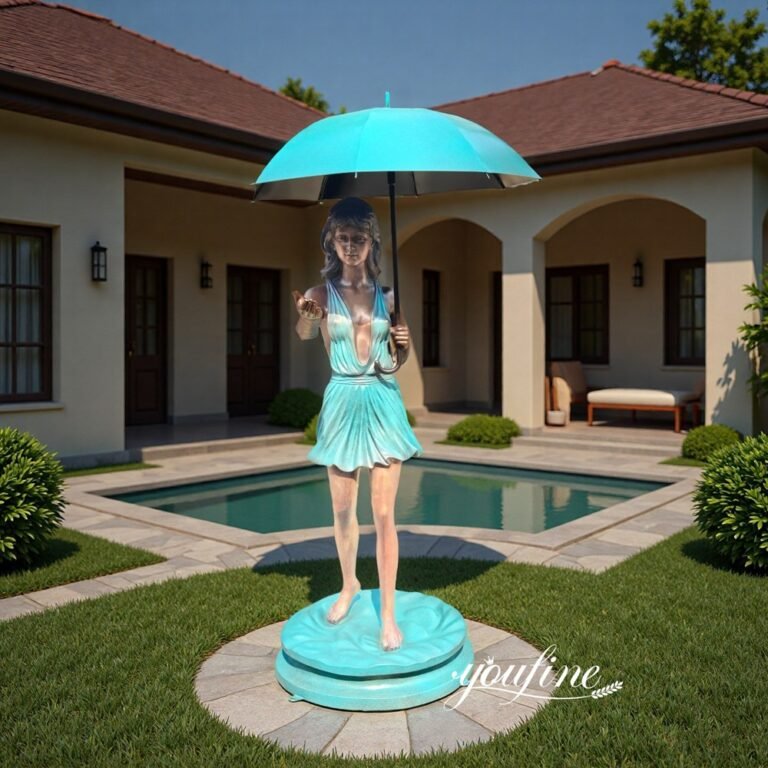 bronze beautiful girl with umbrella fountain for yard decor