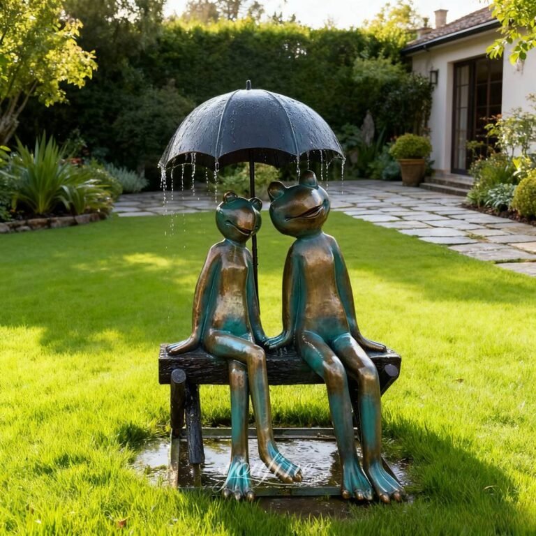 bronze frog with umbrella fountain for outdoor garden