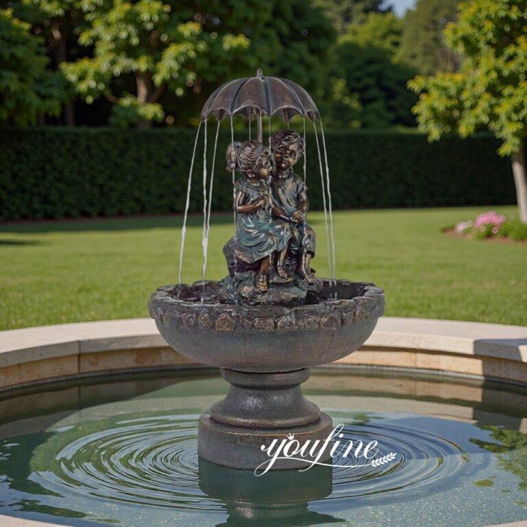 bronze little boy and girl under umbrella fountain for garden