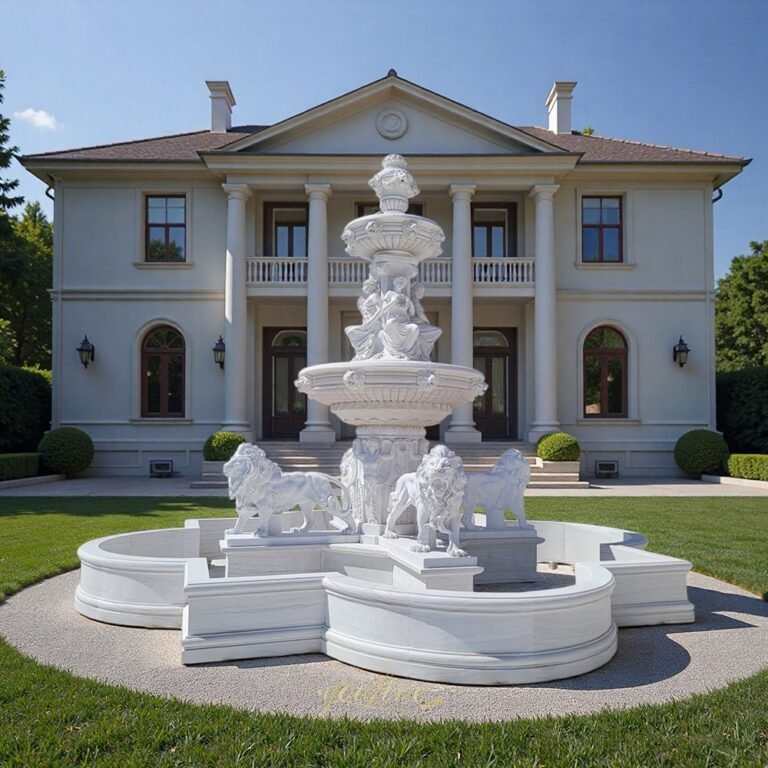 White marble lion outdoor fountain