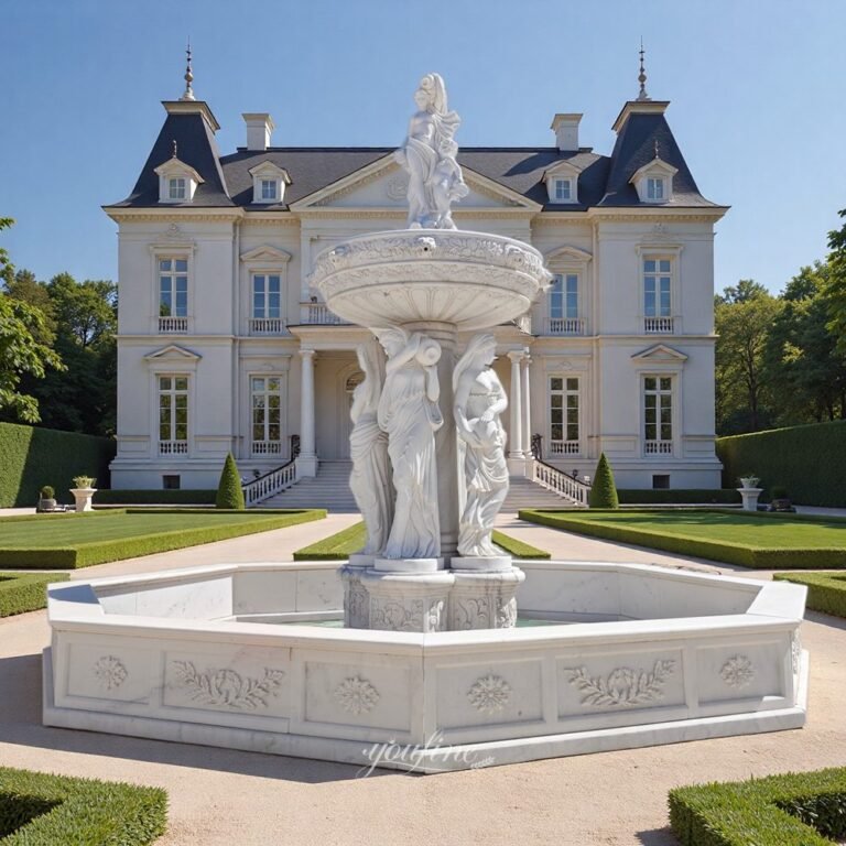 large marble baroque fountain with figures for luxury gardens