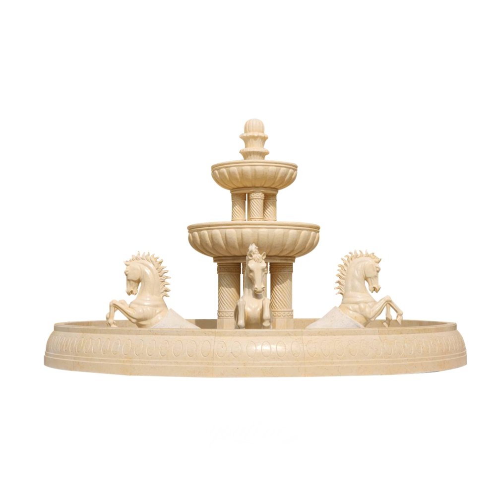 beige large outdoor horse fountain with column design