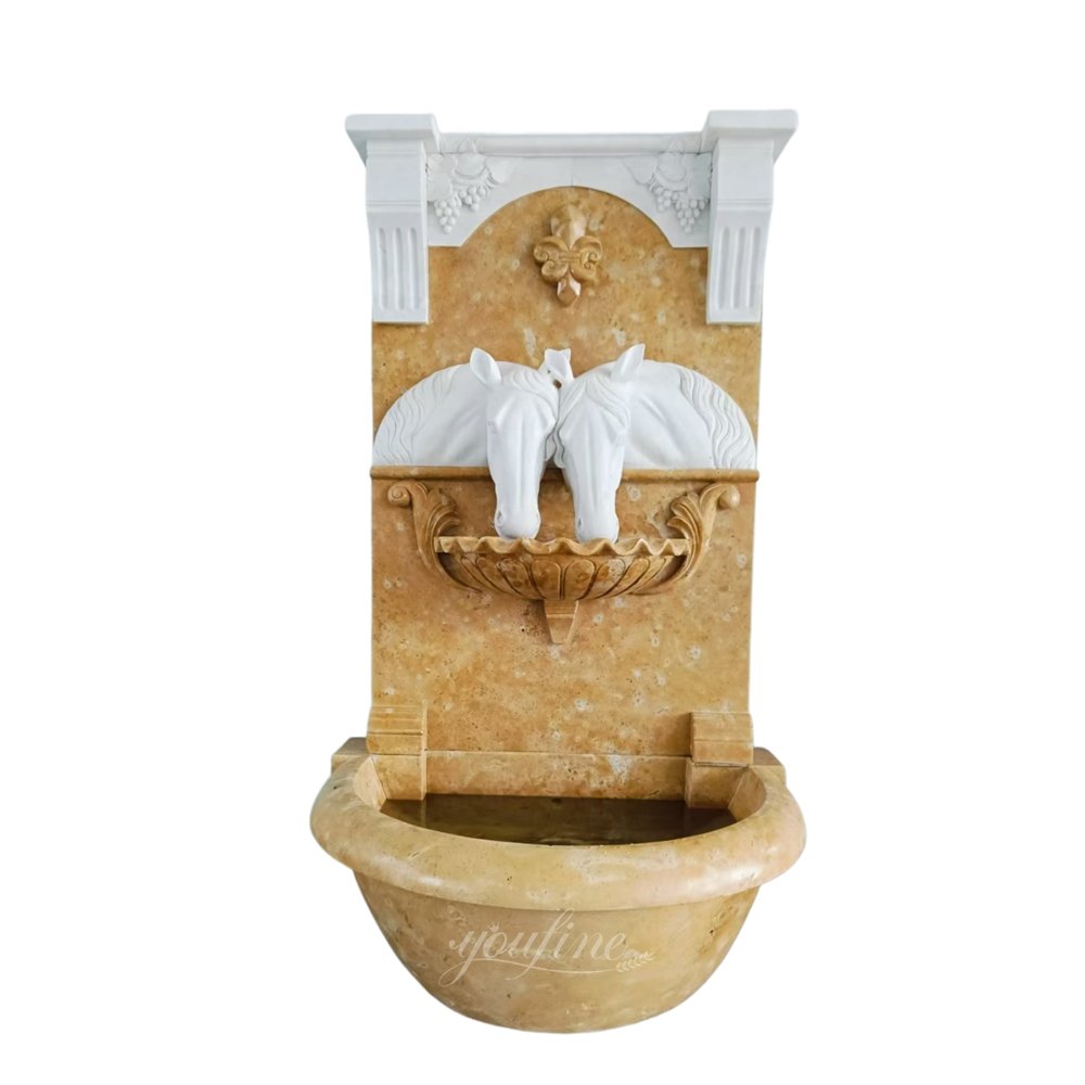 beige and white marble horse drinking wall fountain