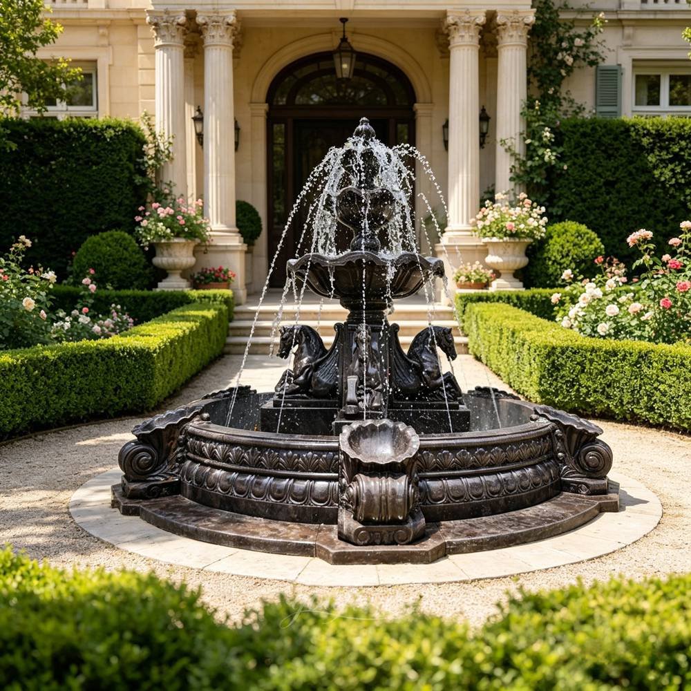 black tiered marble horse statue water fountain for yard