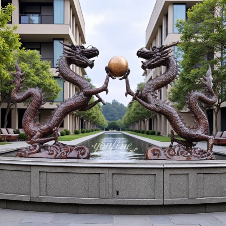 brown bronze large two dragons playing with pearl fountain for yard decor