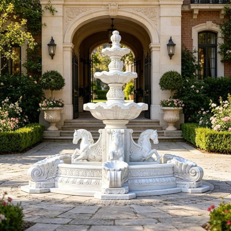 Classical carved marble horse garden fountain