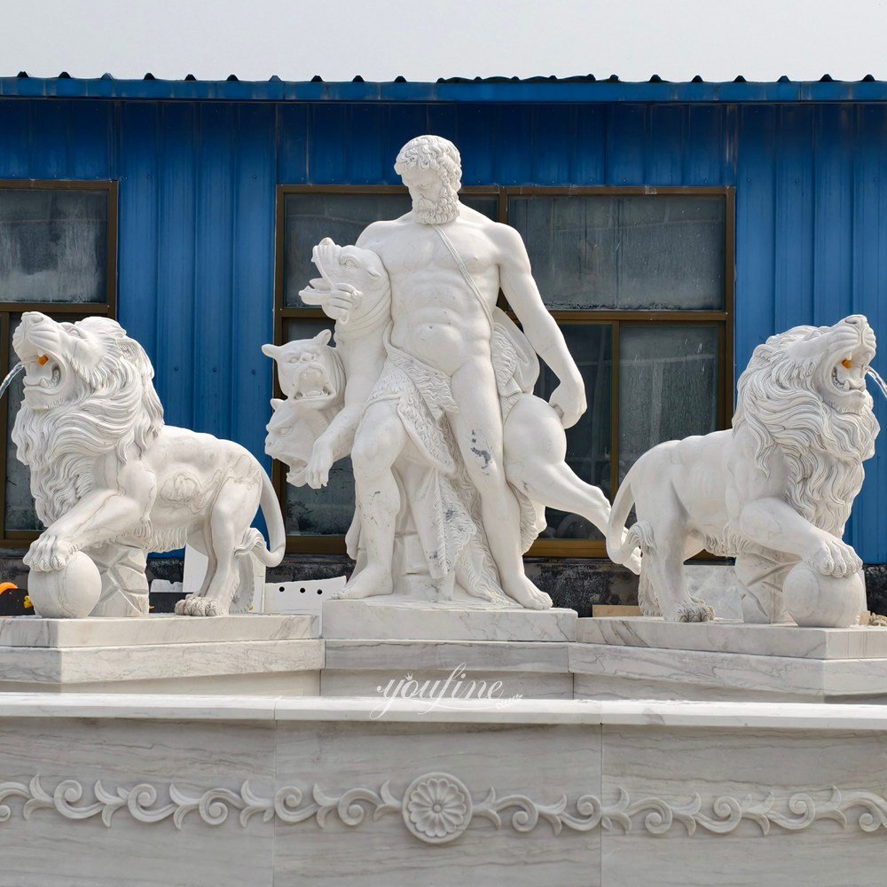 outdoor large marble hercules fountain with lion detail outdoor large marble hercules fountain with lion detail