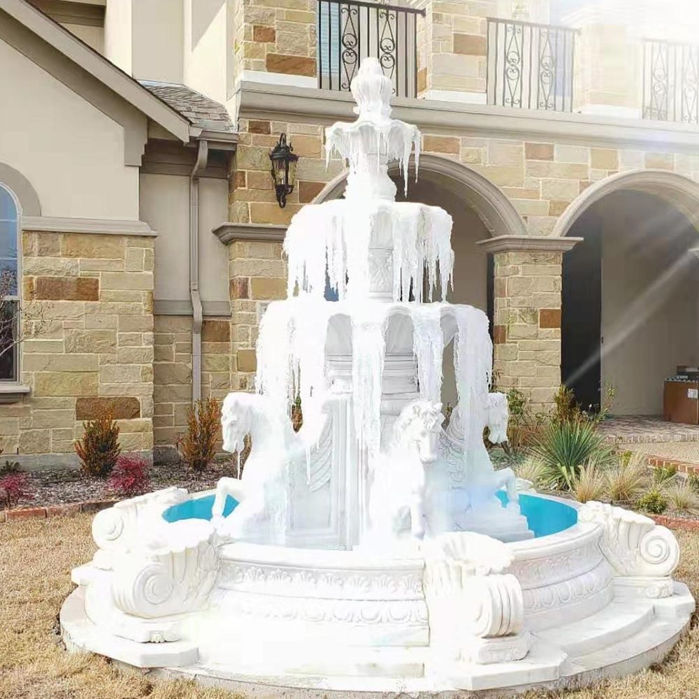 United States estate courtyard white marble horse fountain feedback