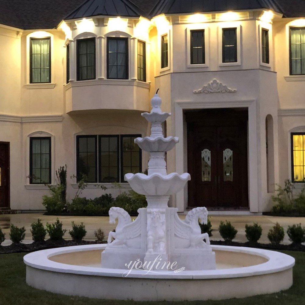 United States villa entrance white marble horse fountain feedback