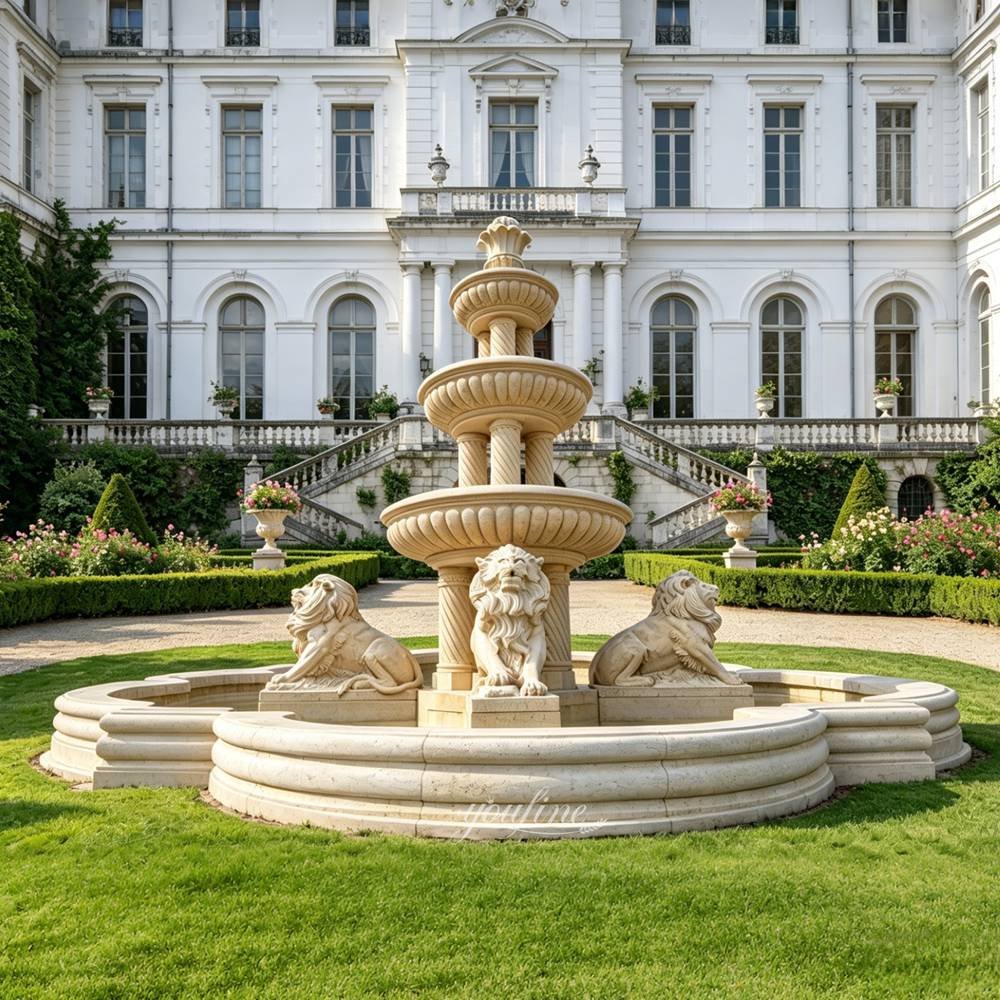 beige marble sitting lion fountain with columns for the garden