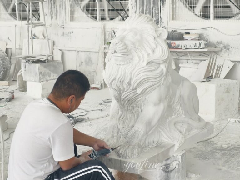 Hand carving for the custom marble lion fountain