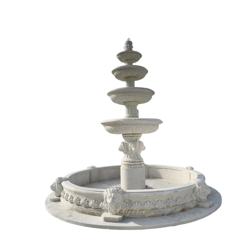 four tiered simple stone lion head water fountain for villa