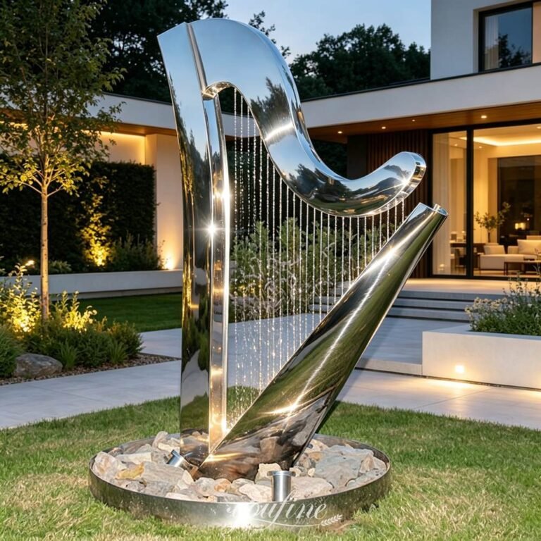 modern custom stainless steel harp water fountain for yard