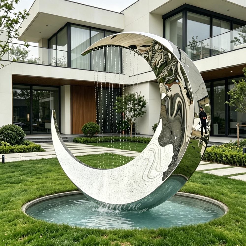 polished stainless steel crescent moon sculpture fountain for yard decor polished stainless steel crescent moon sculpture fountain for yard decor