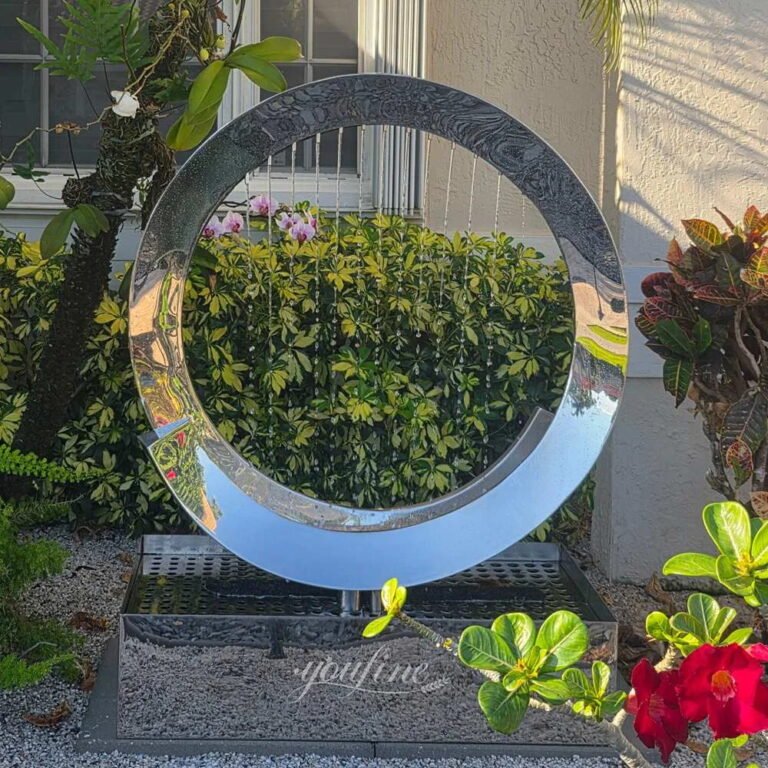 Polished stainless steel ring outdoor fountain