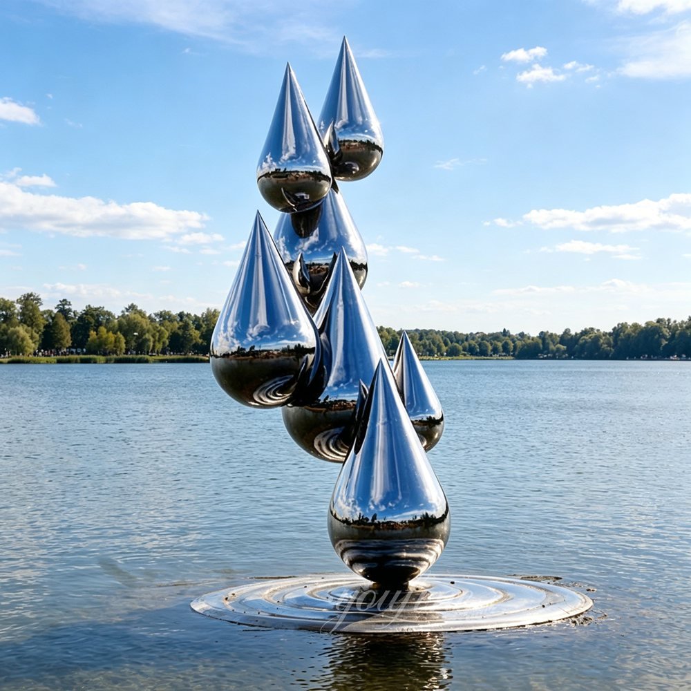 mirrored stainless steel water drop sculpture for lake decor