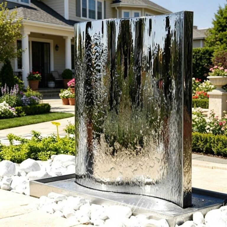 polished metal slab wall fountain for outdoor patio
