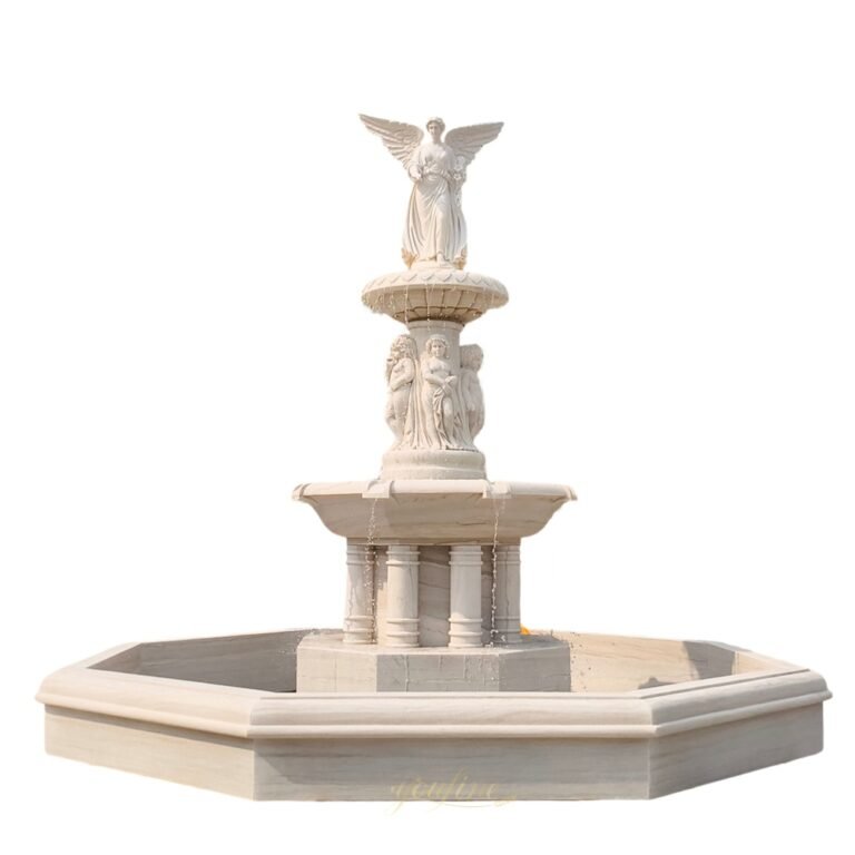 carved fountain with walking angel lily & cherub statues