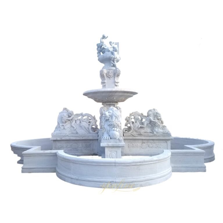 large lion statue fountain with cute cherubs