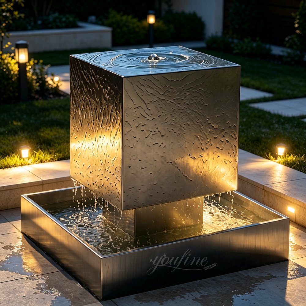 stainless steel matte cube water fountain with lighting stainless steel matte cube water fountain with lighting