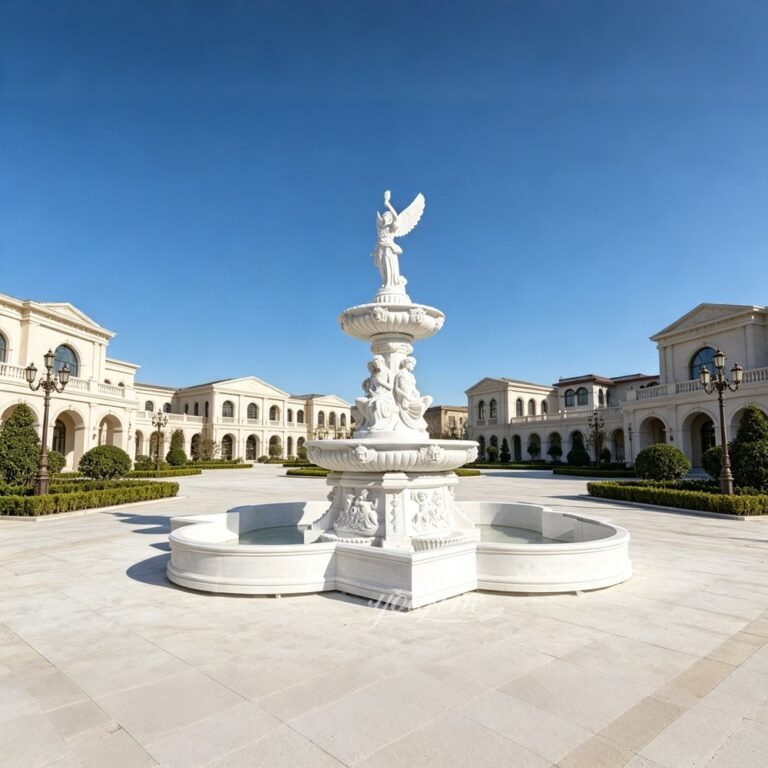 3 tiered fountain with an angel statue holding a torch for tourist town
